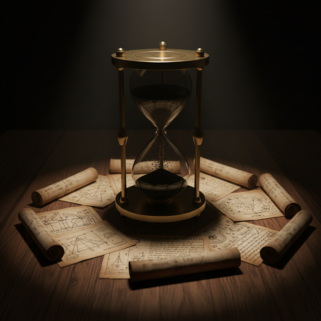 An intricately detailed hourglass made of smoked glass and brushed brass, suspended just above a dark wooden surface, grains of onyx-black sand frozen mid-fall between chambers. Around it, arranged in a loose spiral, lie faded parchment pages filled with geometric diagrams and marginalia about justice, power, and knowledge. A single, warm-edged spotlight from above carves out a circle of illumination, leaving the outer edges of the frame in velvety shadow. Photographic realism, shot from a slightly elevated angle with a medium depth of field to keep both hourglass and surrounding texts crisp. The mood is enigmatic and sophisticated, evoking the slow revolution of ideas over time and the weight of intellectual history.