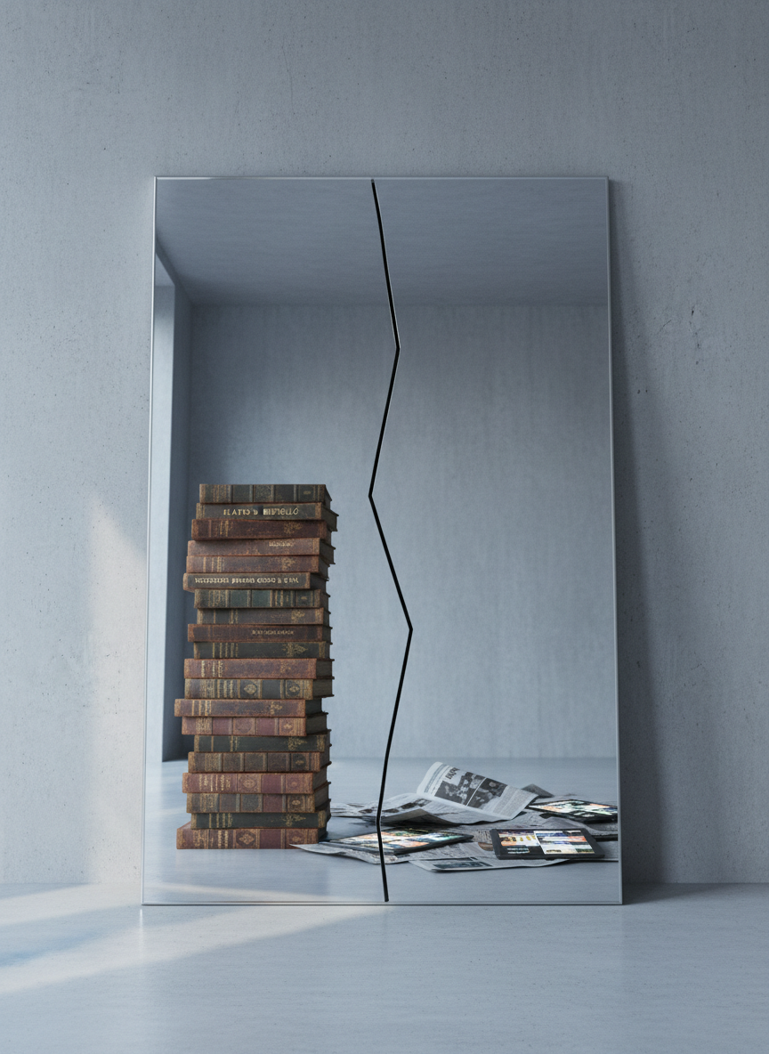 A pristine, frameless mirror cracked cleanly down the center, propped against a smooth concrete wall in a minimalist interior. On one side of the mirror’s reflection lies a meticulously ordered stack of philosophy books with embossed titles, on the other side a scattered spread of newspapers and digital tablets displaying blurred headlines. Soft, cool daylight filters through an unseen window, creating subtle reflections along the fractured glass and a gentle glow on the concrete texture. Photographic realism, composed using the rule of thirds with the crack as the visual anchor. The atmosphere is introspective and cerebral, suggesting a rupture between perception and reality, with quiet tension and sophistication in the neutral tones and precise arrangement.