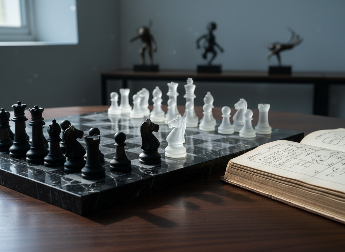 A sleek black marble chessboard with matte obsidian and frosted glass pieces frozen mid-game, knight and queen poised in a tense standoff near the center. The board rests on a dark walnut table beside an open, leather-bound notebook filled with precise, handwritten philosophical diagrams. Cool, diffused window light from the left creates sharp yet elegant shadows of the pieces, emphasizing their sculptural forms. In the softly blurred background, minimalist shelves hold a few abstract metal sculptures. Photographic realism, shot at eye level with a shallow depth of field, the focus razor-sharp on the contested central squares. The mood is sophisticated, contemplative, and slightly dramatic, capturing the feel of strategic thought piercing everyday perception.